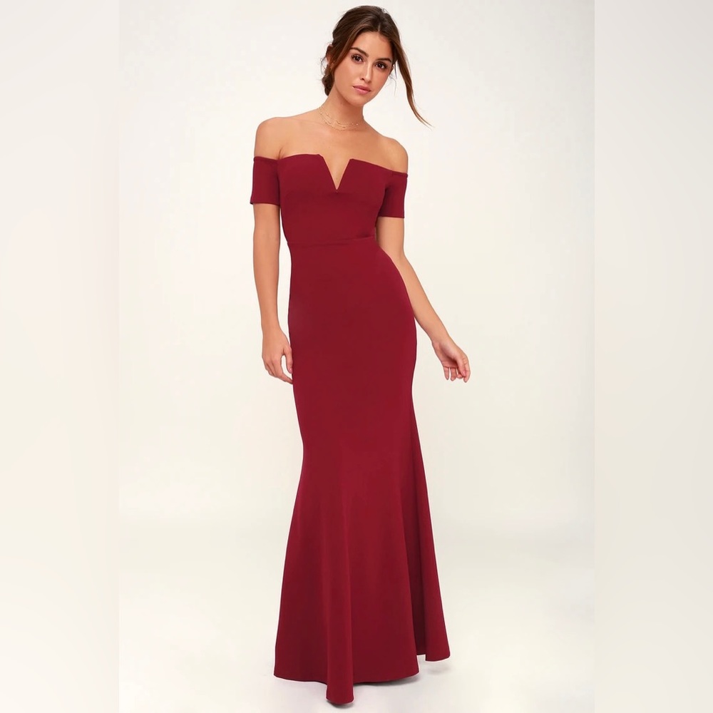 Lulu’s Lynne Burgundy Off-the-Shoulder Maxi Dress
